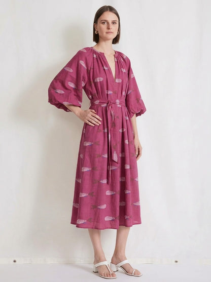 Magenta Pink Printed Belted V-Neck Midi Dress