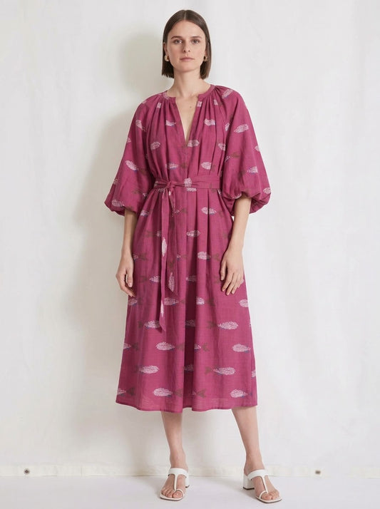 Magenta Pink Printed Belted V-Neck Midi Dress