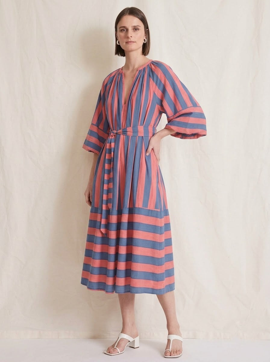 Elegant Coral & Blue Striped Midi Dress
