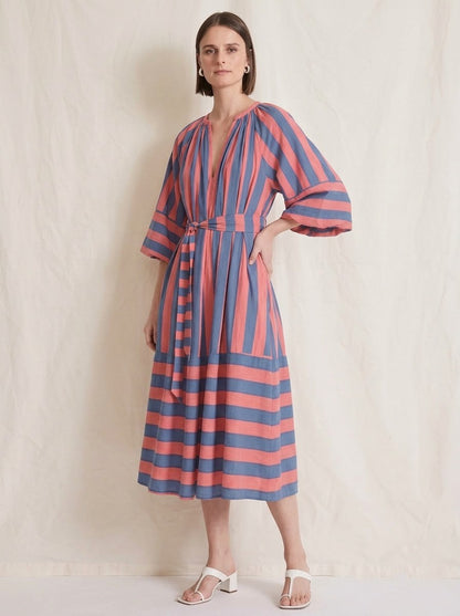 Elegant Coral & Blue Striped Midi Dress