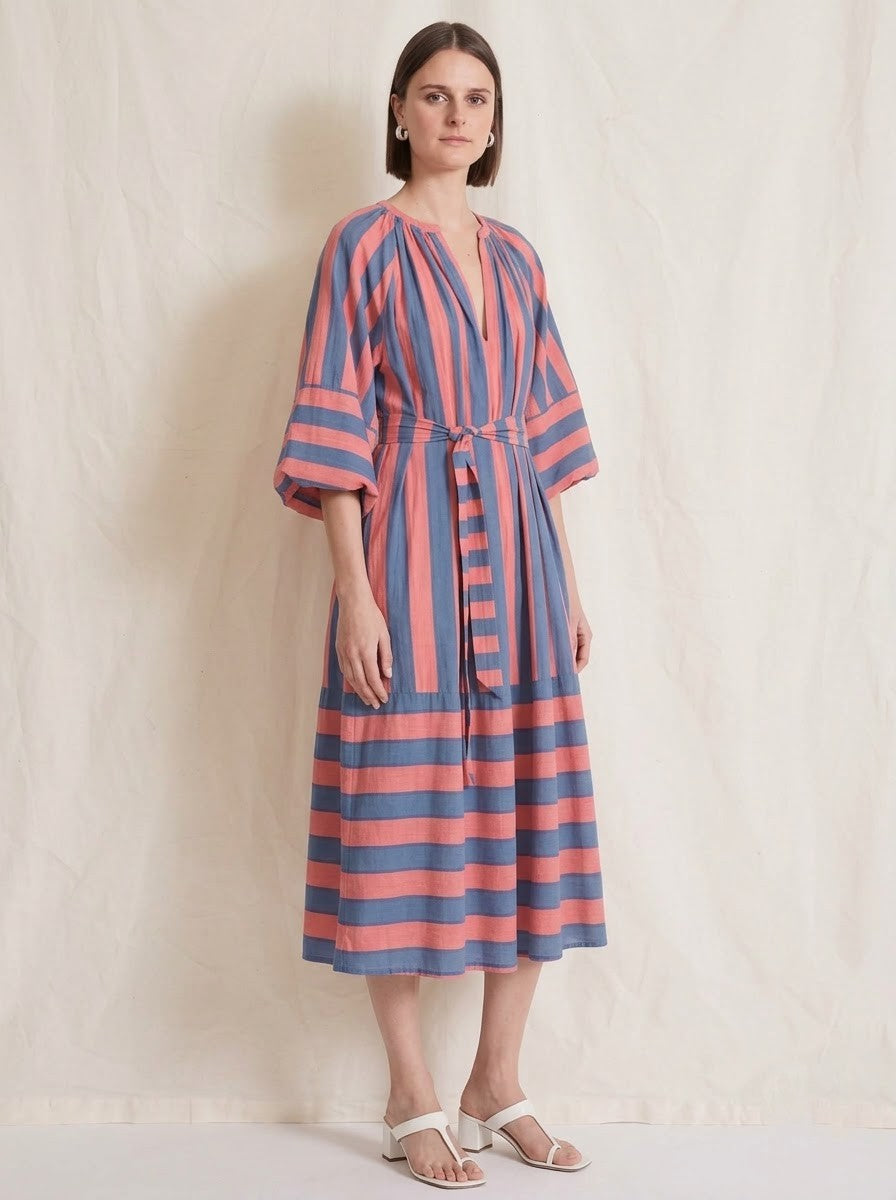 Elegant Coral & Blue Striped Midi Dress
