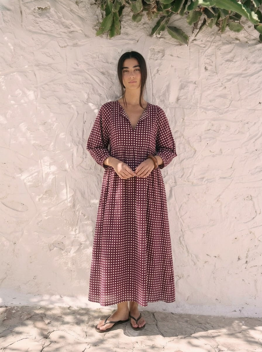 Maroon Gingham Checked V-Neck Maxi Dress