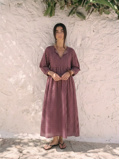 Maroon Gingham Checked V-Neck Maxi Dress
