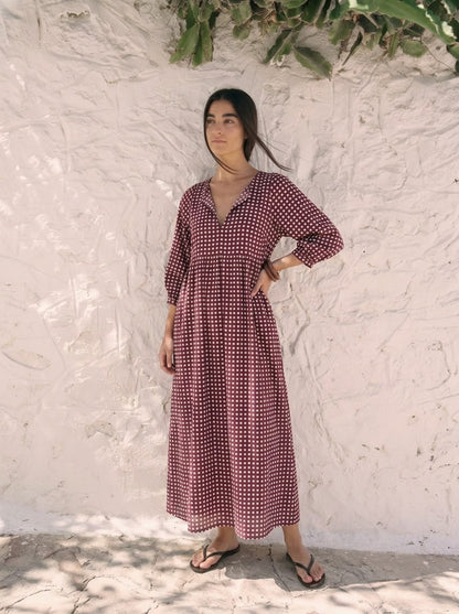 Maroon Gingham Checked V-Neck Maxi Dress
