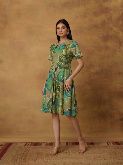 Green Floral Leaf Print Flared Dress