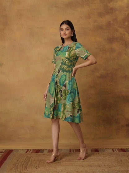 Green Floral Leaf Print Flared Dress