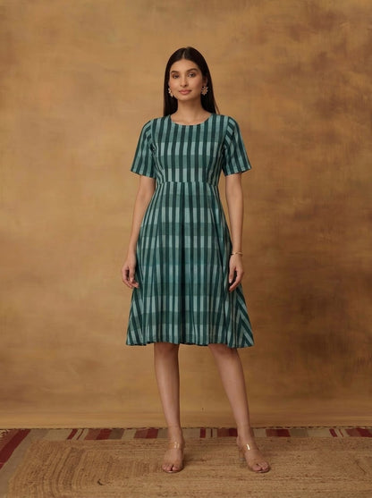 Elegant Green Striped Print Flared Dress