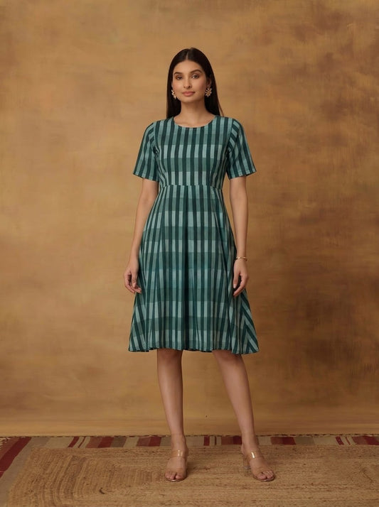 Elegant Green Striped Print Flared Dress