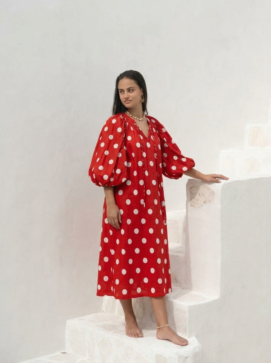 Vibrant Red Polka Dot Puff Sleeve Midi Dress