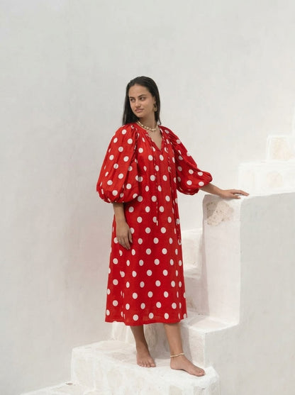 Vibrant Red Polka Dot Puff Sleeve Midi Dress
