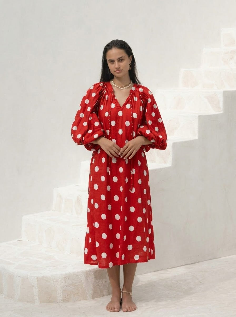 Vibrant Red Polka Dot Puff Sleeve Midi Dress