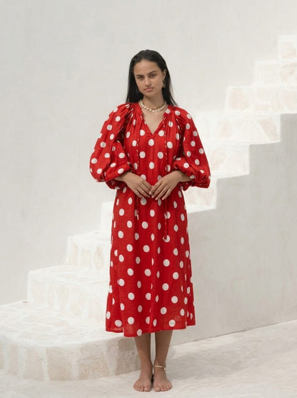 Vibrant Red Polka Dot Puff Sleeve Midi Dress