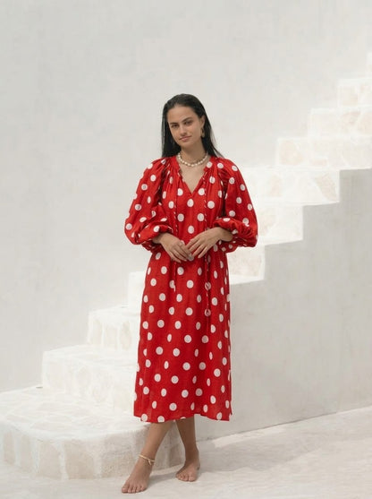 Vibrant Red Polka Dot Puff Sleeve Midi Dress
