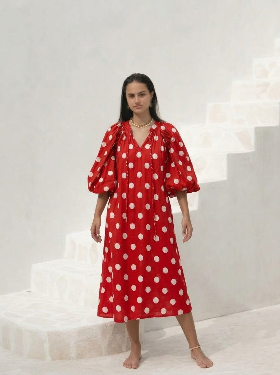 Vibrant Red Polka Dot Puff Sleeve Midi Dress