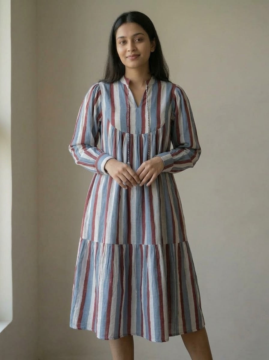 Multicolor Vertical Striped Tiered Midi Dress