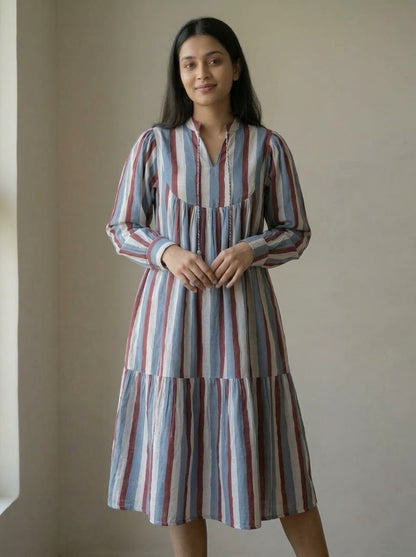 Multicolor Vertical Striped Tiered Midi Dress