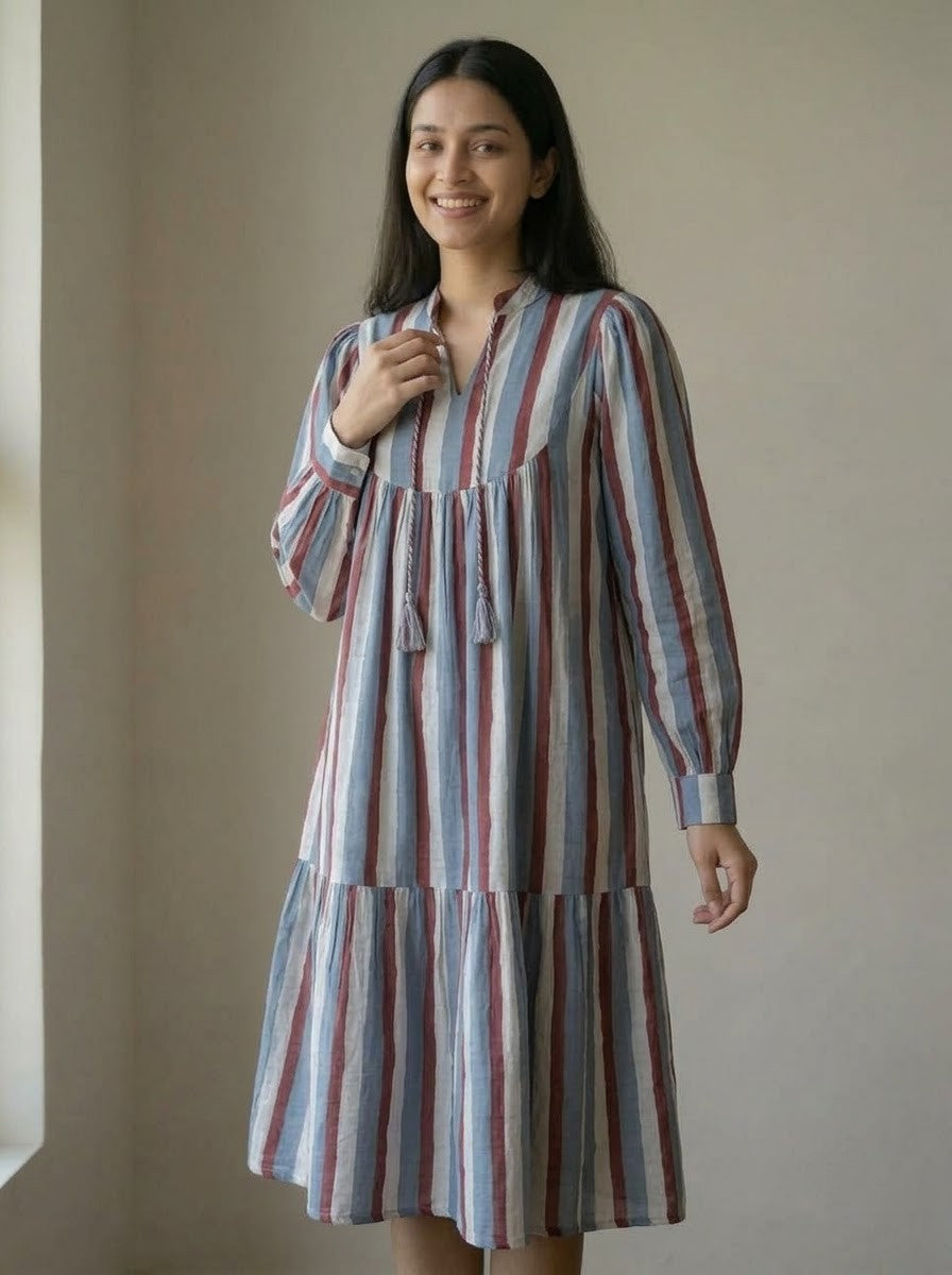 Multicolor Vertical Striped Tiered Midi Dress