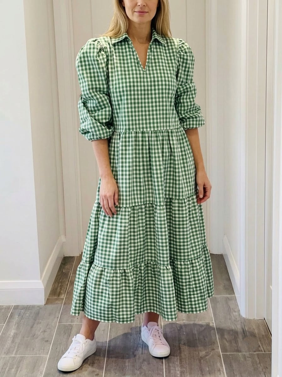 Green Gingham Checked Tiered Maxi Dress