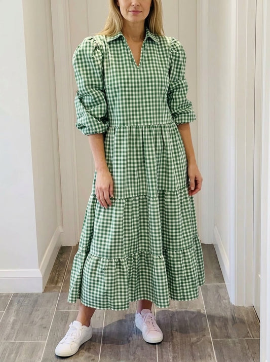 Green Gingham Checked Tiered Maxi Dress