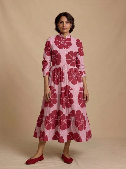Maroon Floral Striped Tiered Midi Dress