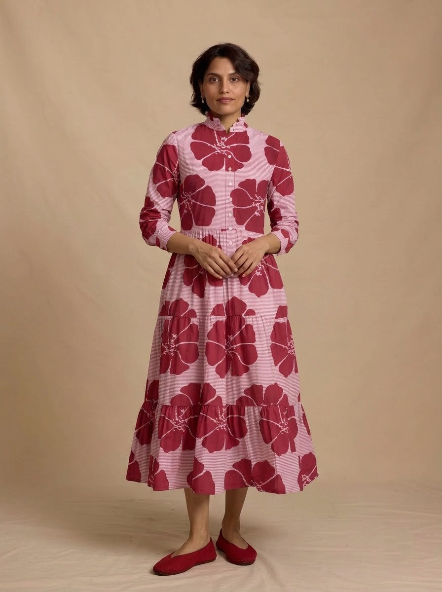 Maroon Floral Striped Tiered Midi Dress