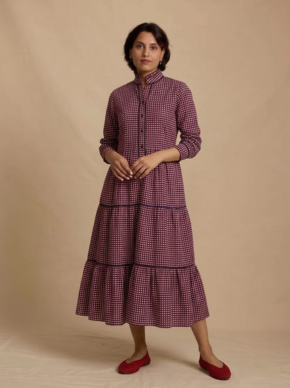 Maroon Checked High-Neck Tiered Midi Dress