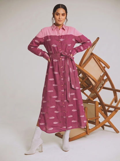 Magenta Button-Down Printed Belted Shirt Dress