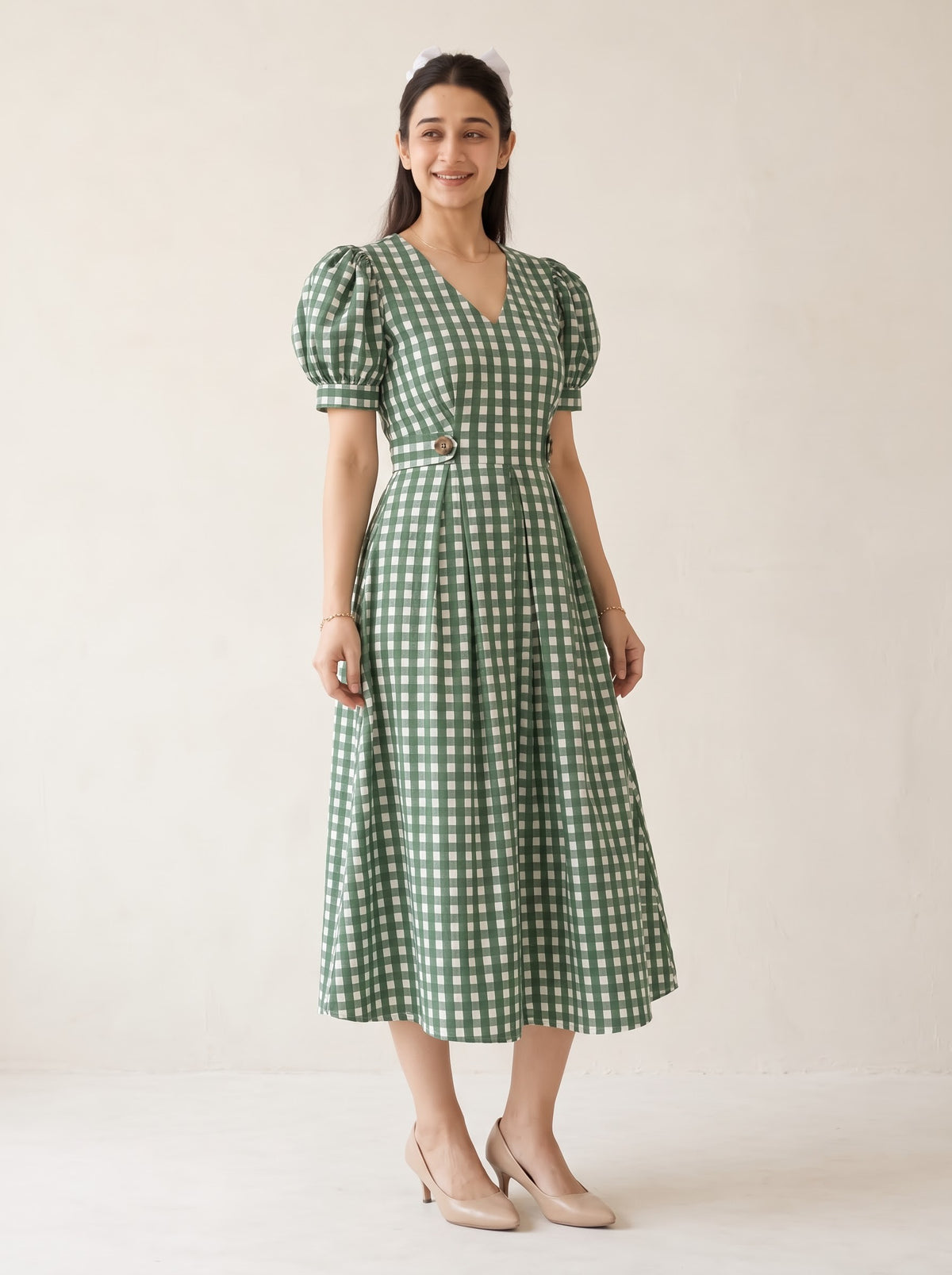 Olive Green Gingham Checked Midi Dress