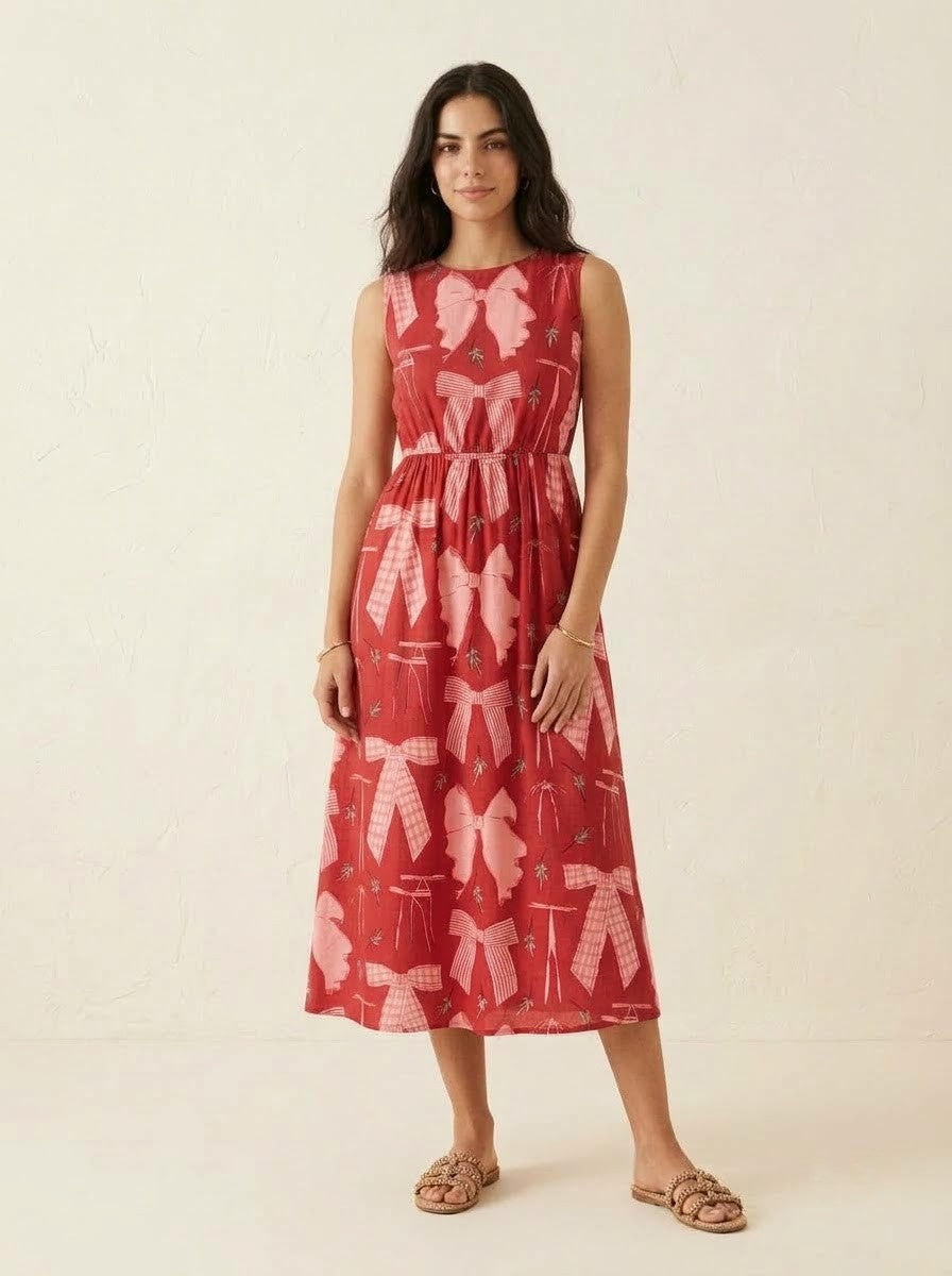 Red Ribbon Bow Printed Midi Dress