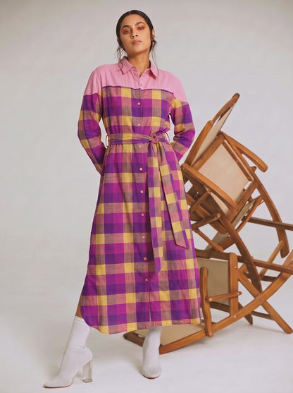 Purple & Yellow Check Belted Maxi Dress