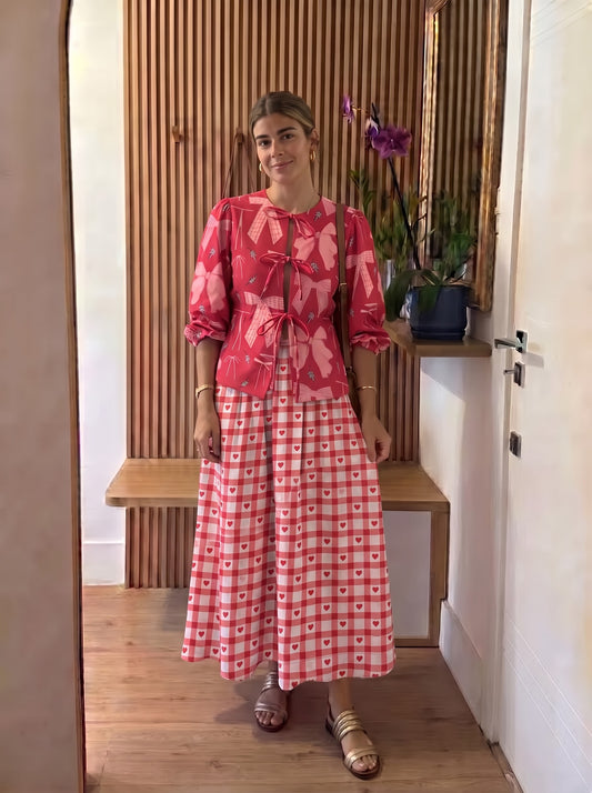Red Ribbon Bow Printed Checkered Skirt Set
