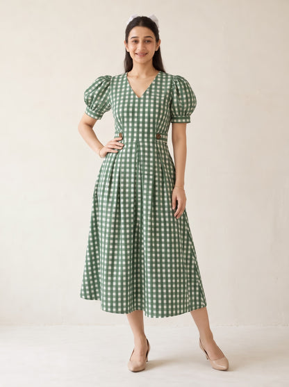 Olive Green Gingham Checked Midi Dress