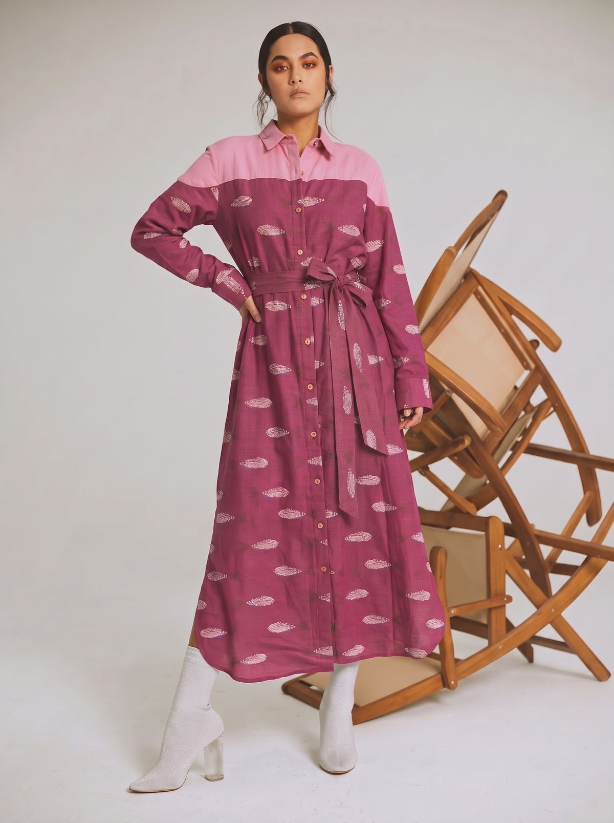 Magenta Button-Down Printed Belted Shirt Dress