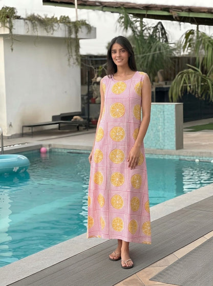 Pink Striped Citrus Lemon Print Maxi Dress