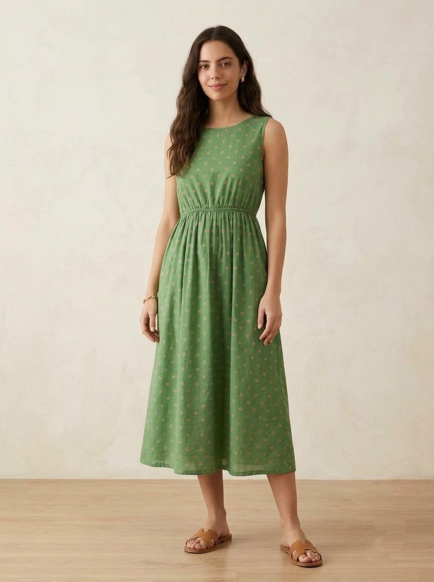 Green & Pink Polka Dot Midi Dress