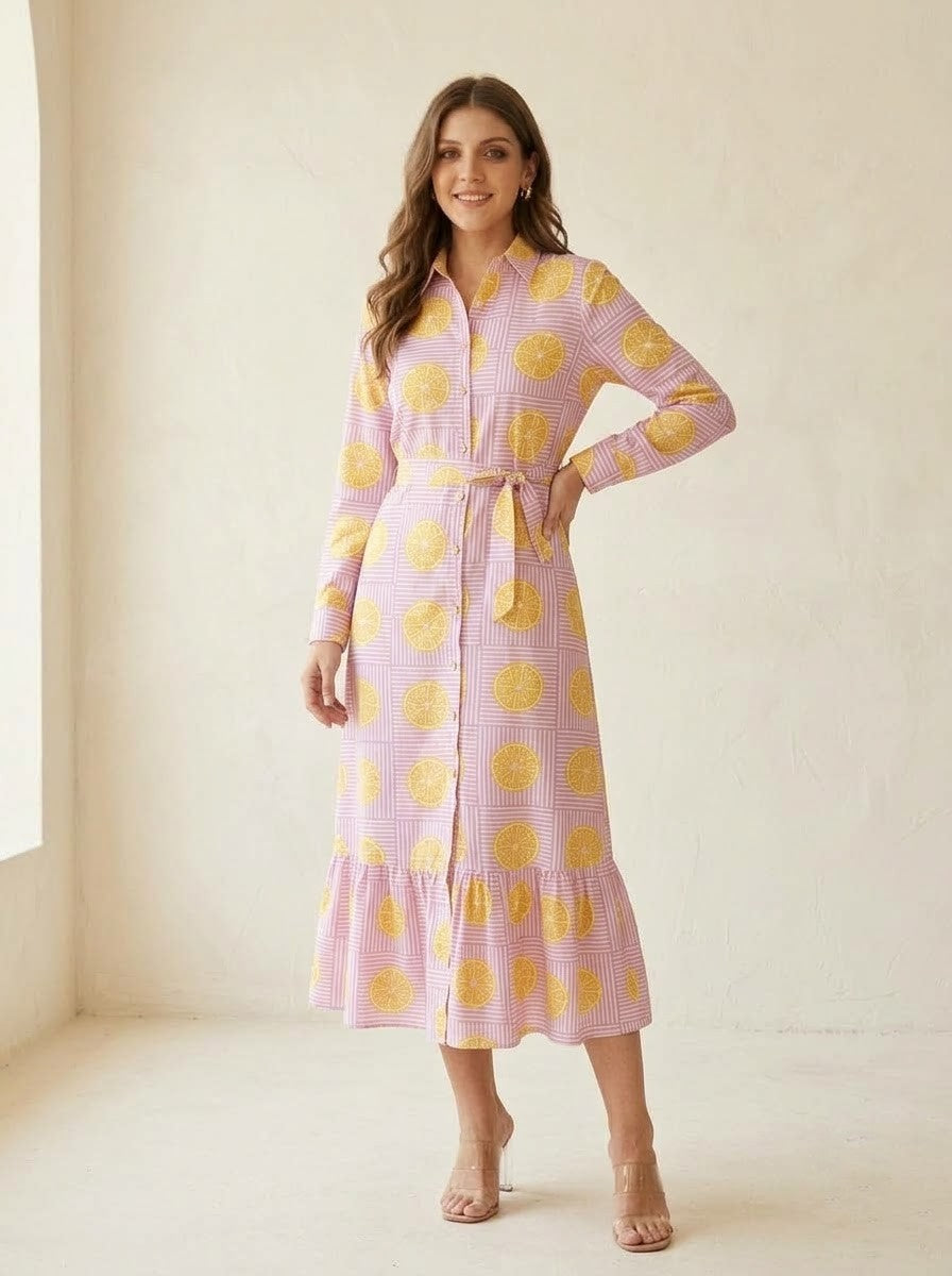 Pink Striped & Yellow Citrus Lemon Printed Maxi Dress