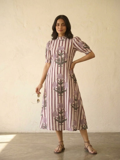 Elegant Maroon & Lilac Floral Striped Midi Dress