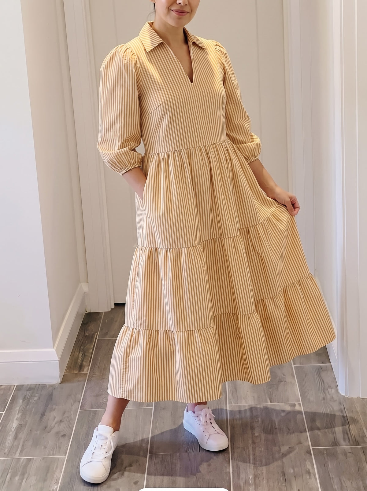 Mustard Yellow Striped Tiered Maxi Dress