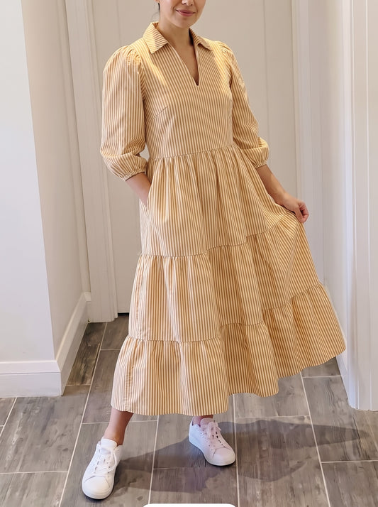 Mustard Yellow Striped Tiered Maxi Dress
