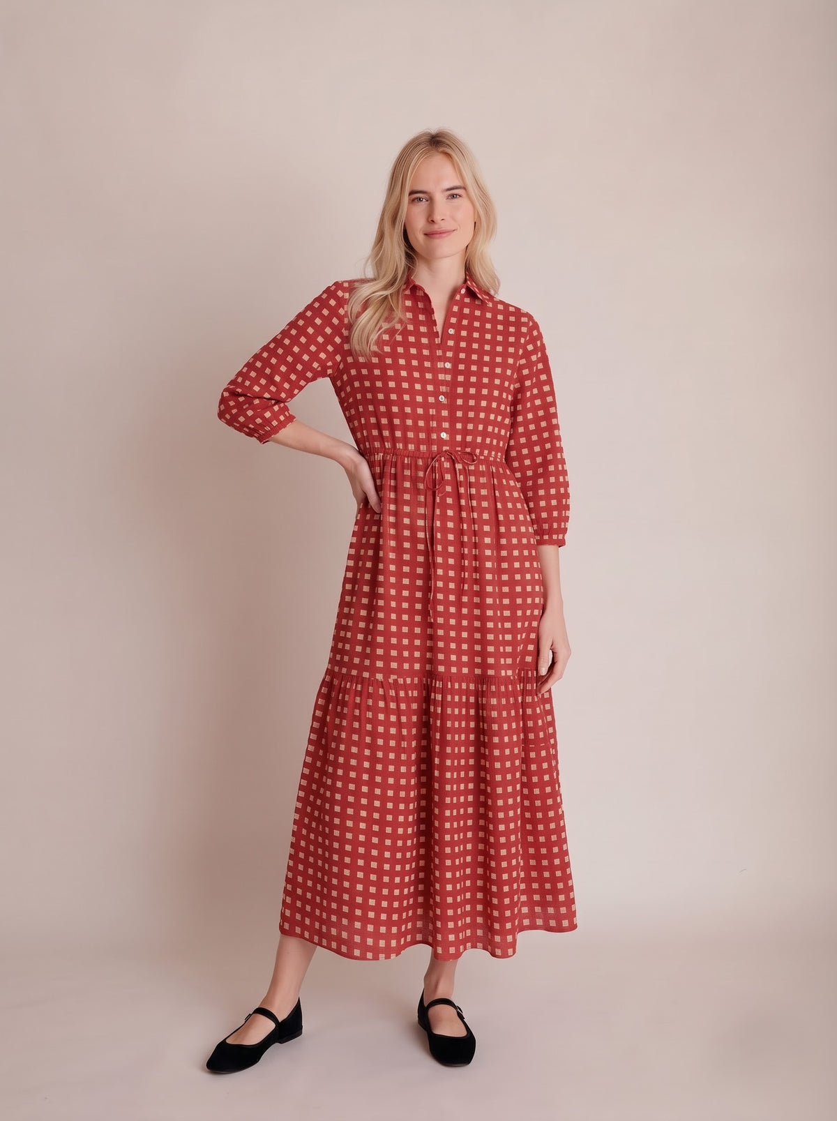 Rust Red Geometric Check Printed Maxi Dress