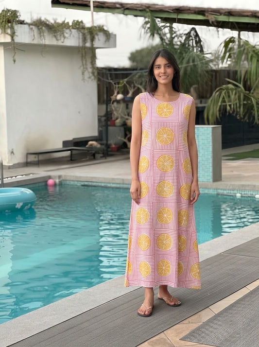 Pink Striped Citrus Lemon Print Maxi Dress
