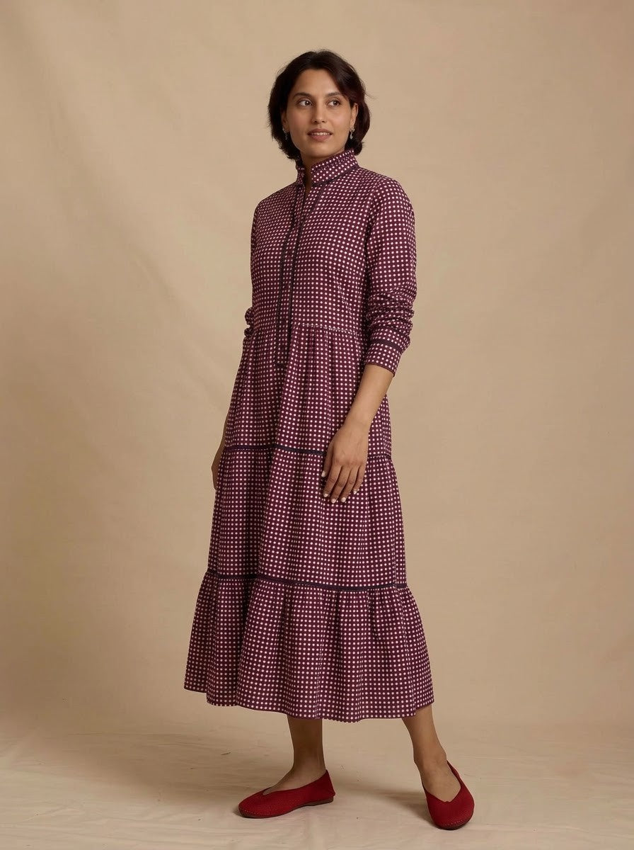 Maroon Checked High-Neck Tiered Midi Dress