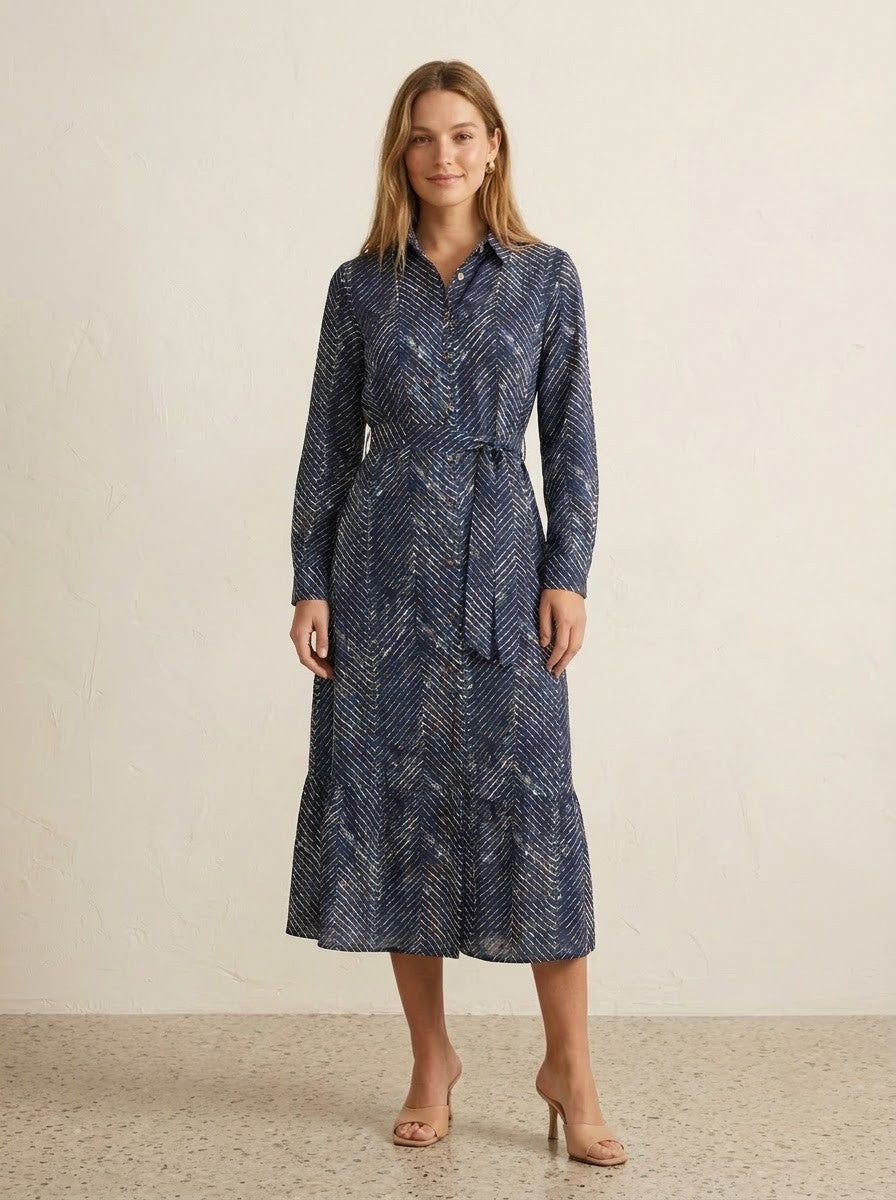 Navy Blue Chevron Printed Maxi Dress