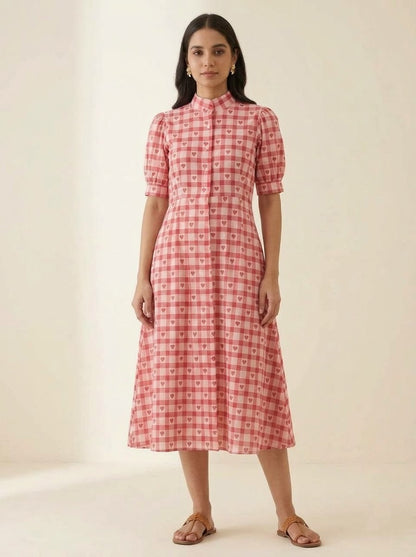 Red & White Heart Printed Gingham Midi Dress