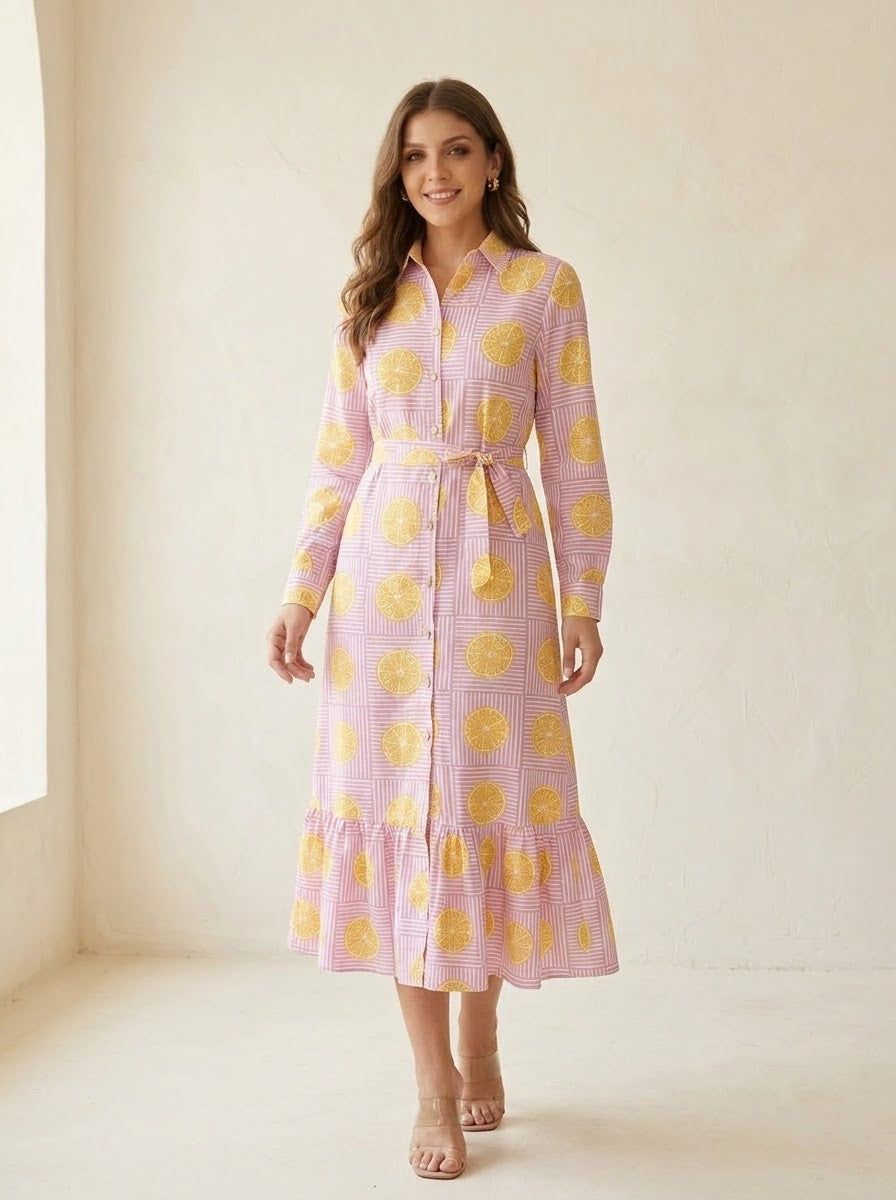 Pink Striped & Yellow Citrus Lemon Printed Maxi Dress