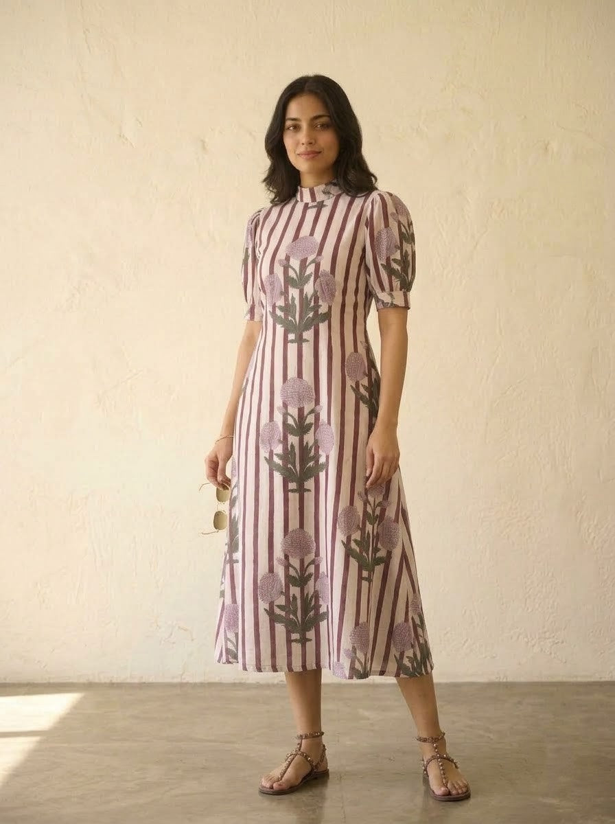 Elegant Maroon & Lilac Floral Striped Midi Dress