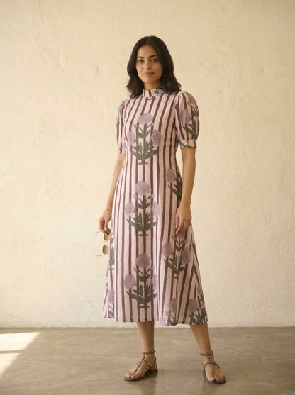 Elegant Maroon & Lilac Floral Striped Midi Dress