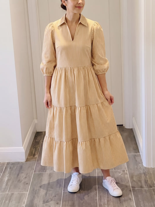 Mustard Yellow Striped Tiered Maxi Dress