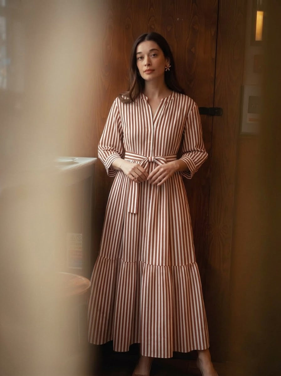 Elegant Vertical Striped Belted Maxi Dress