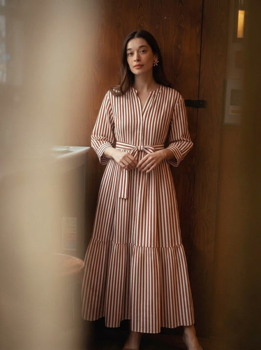 Elegant Vertical Striped Belted Maxi Dress